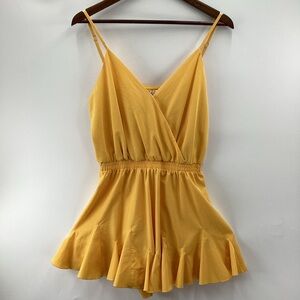 TCEC Mustard  Yellow Romper with faux Wrap Bodice and Flared Hem
